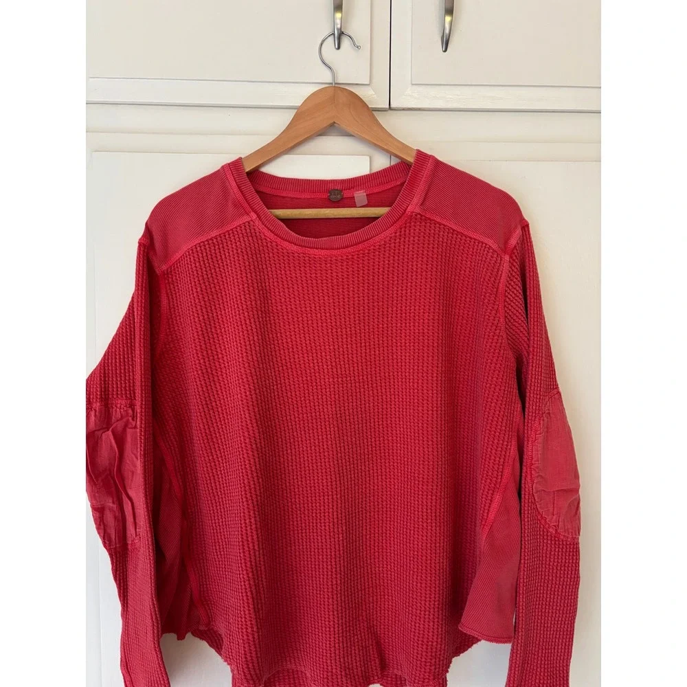 Free People FP One Rich Red Waffle Knit Thermal Mixed Media Top Long Sleeve XL